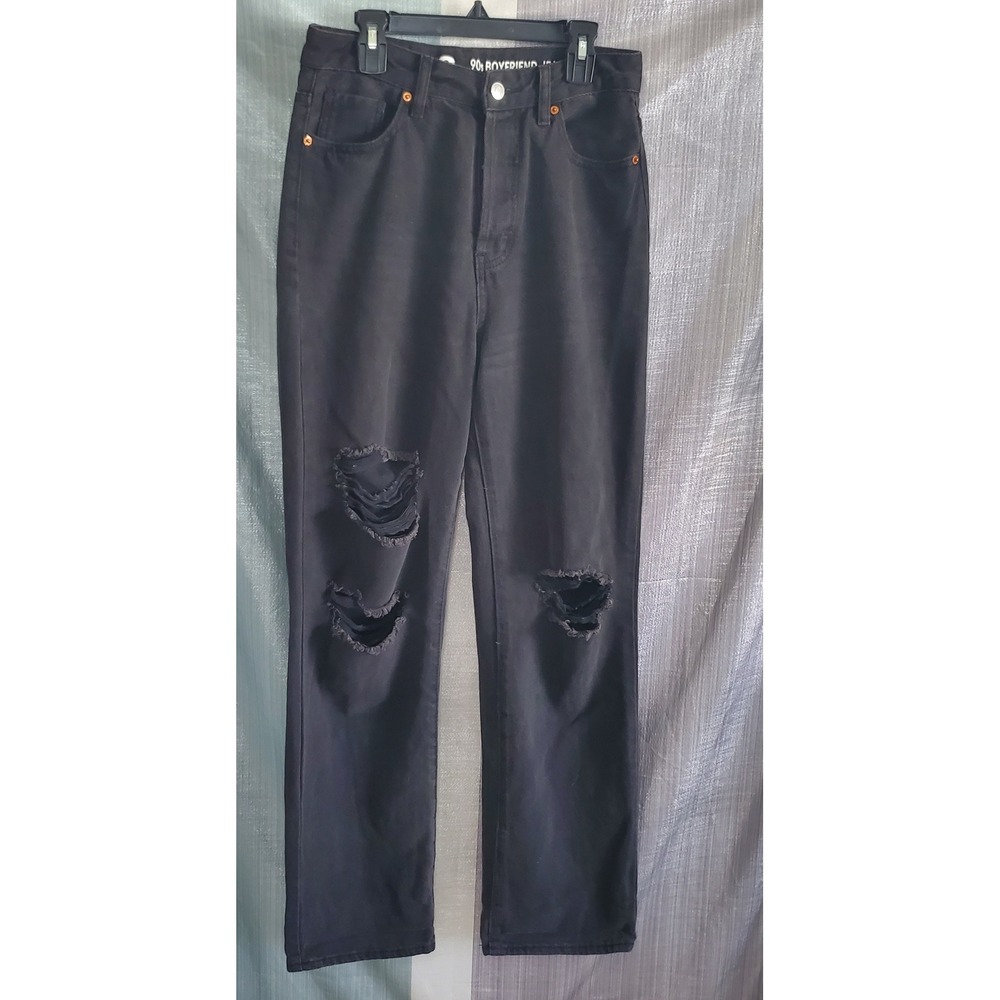 90s Boyfriend Jeans Blk Distressed Button Fly‎ High Rise 41" L Grunge Indie Rock